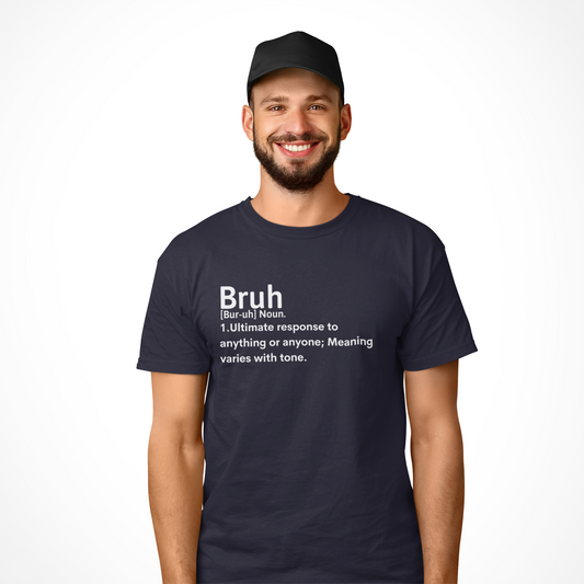 Smiling man wearing a t-shirt. Bruh definition. Navy blue Crewneck